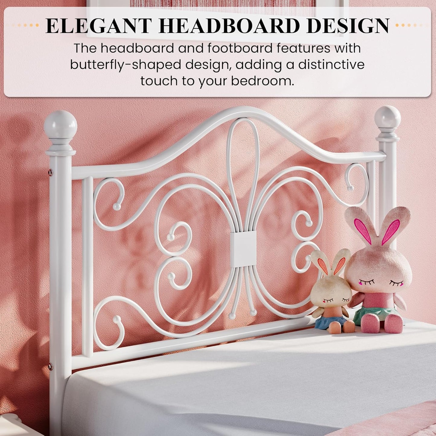 Twin Size Bed Frame for Kids,Metal Bed Frame with Butterfly Pattern Design Headboard & Footboard,No Box Spring Needed,Easy Assembly,White