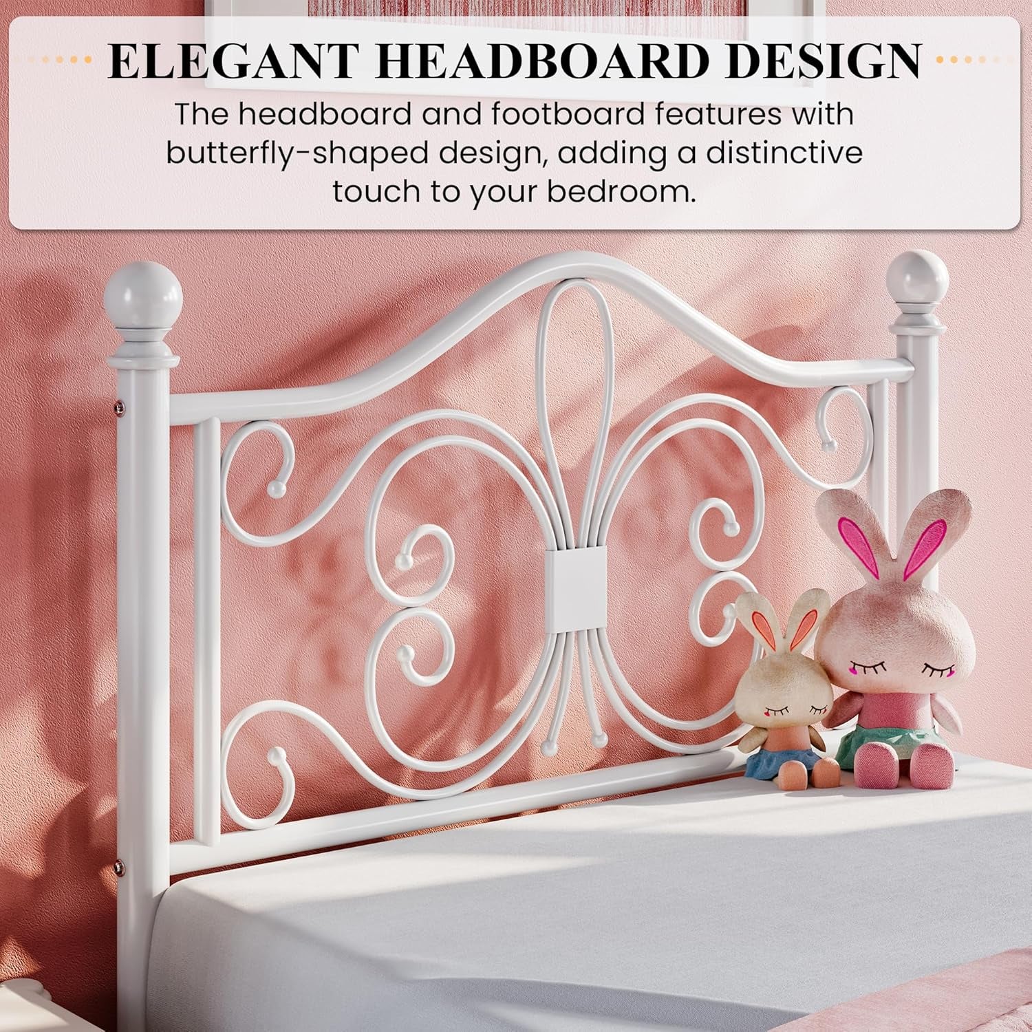 Twin Size Bed Frame for Kids,Metal Bed Frame with Butterfly Pattern Design Headboard & Footboard,No Box Spring Needed,Easy Assembly,White