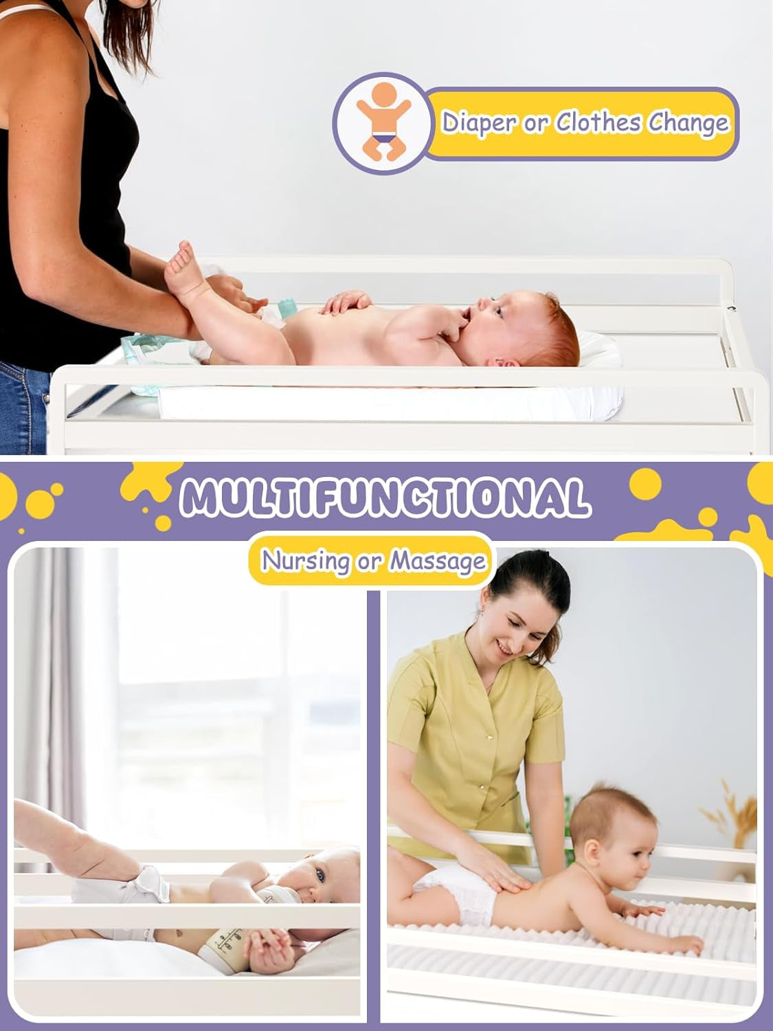 Foldable Baby Changing Table with Wheels, Certified Diaper Changing Station with Storage Drawers, 3 in 1 Portable Compact Diaper Table for Nursery, White