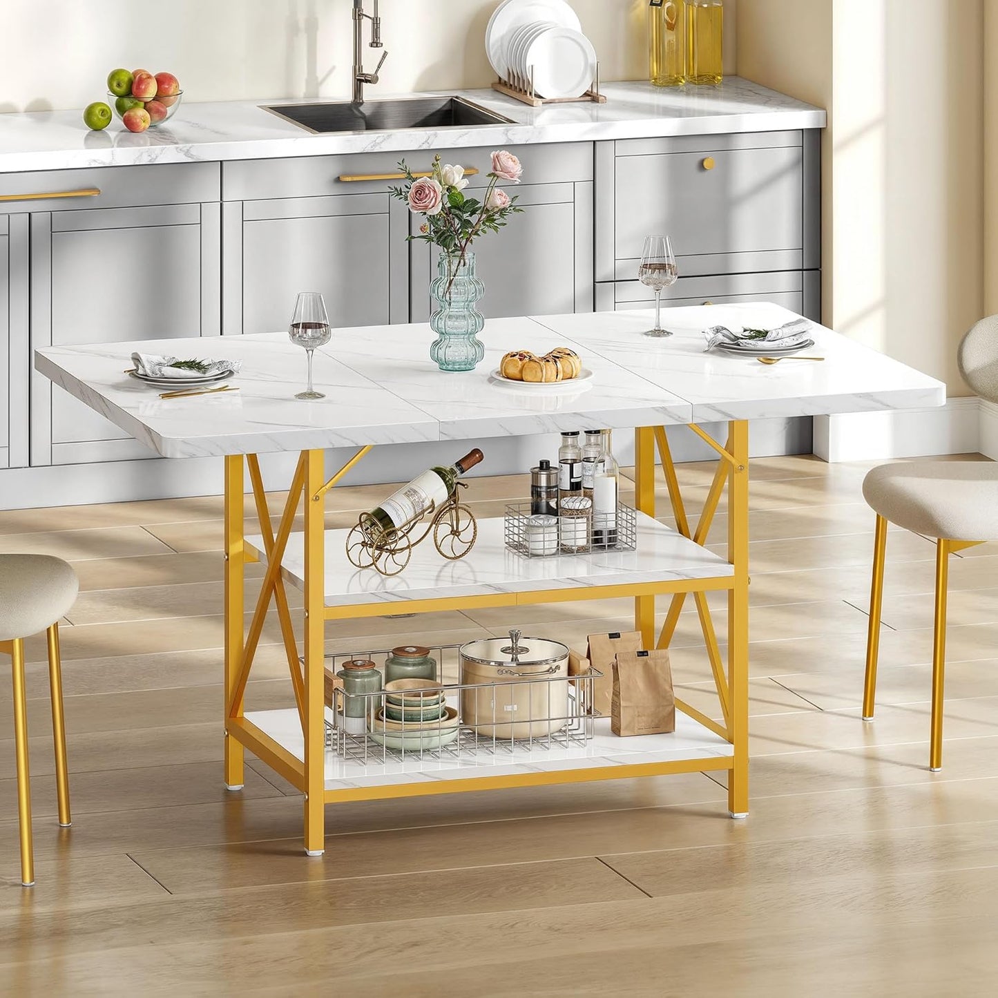 Dining Room Table 47 Inch Rectangle Dining Table for 4 People Modern Kitchen Table White Marble Dinner Table with Storage Shelf and Glod Metal Legs for Home Apartment White and Gold