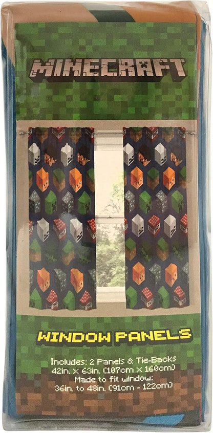 Minecraft Isometric Blue 63 in Drapes 4 Piece Set - Beautiful Room Decor&Easy Set Up, Bedding Features Creeper - Window Curtains Include 2 Panels&2 Tiebacks (Official Minecraft Product)