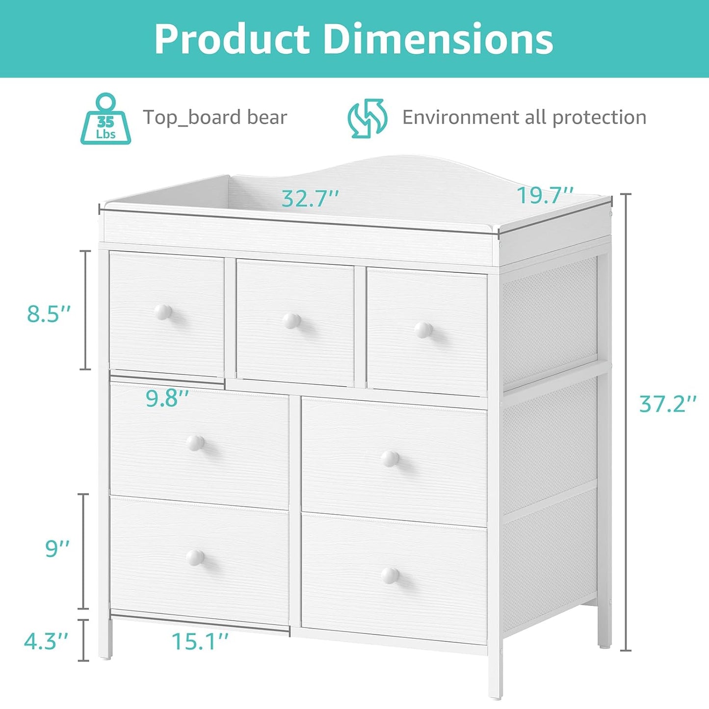 Changing Table Dresser with Storage, Baby Dresser with Changing Table Top Diaper Changing Station with 7 Fabric Drawers for Nursery Modern