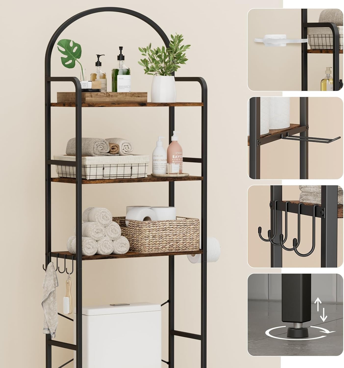 3-Tier over the Toilet Storage with 4 Hooks and Paper Holder, Space Saving, Bathroom Organizer with Adjustable Feet, Metal Frame and Wooden Shelf,Rustic Brown and Black
