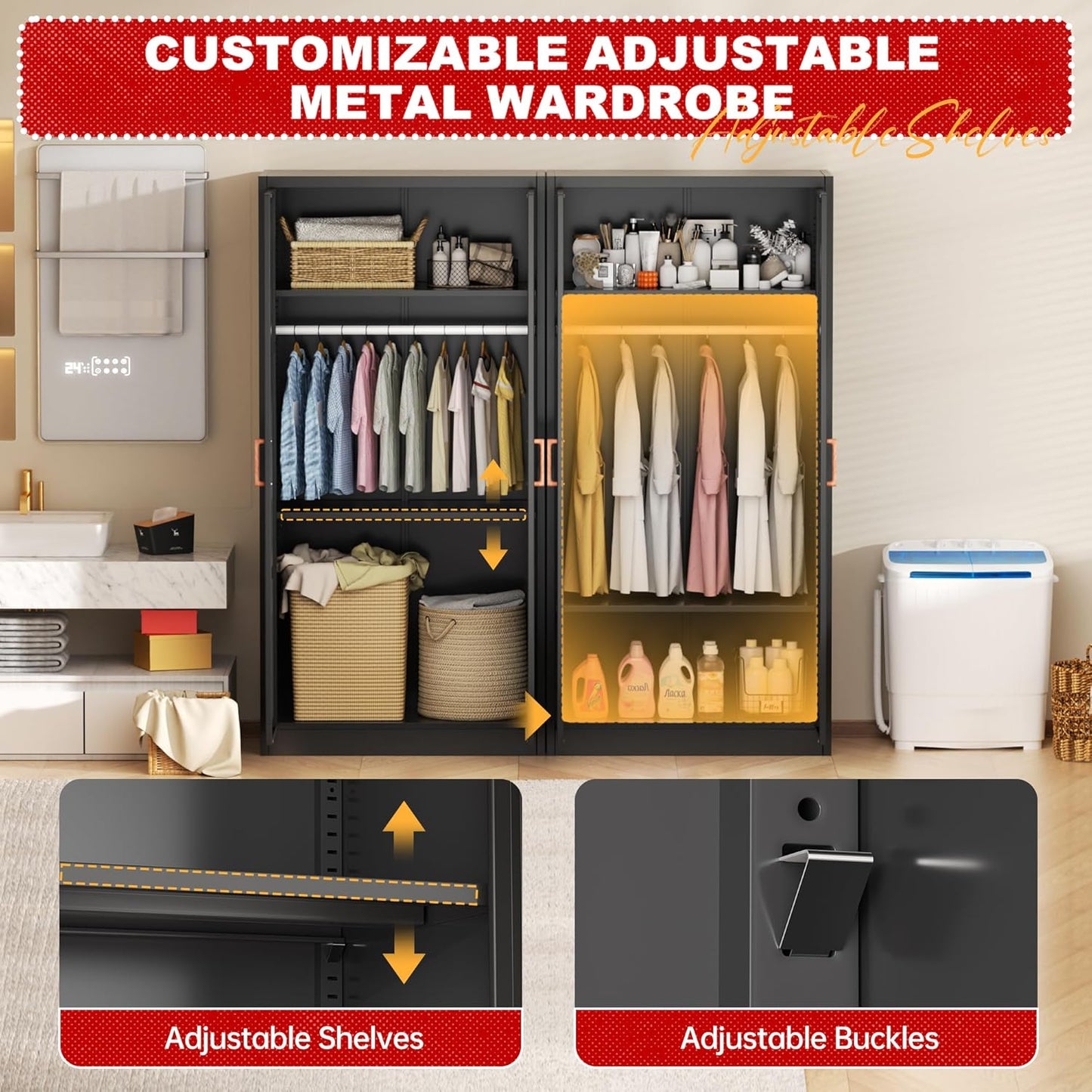 Metal Wardrobe Closet, 72" H Bedroom Armoires with Wooden Handle, Storage Cabinet with Adjustable Shelves and Hanging Rods, Steel Storage Locker Closet for Home, Office, Employee, Gym (Black)