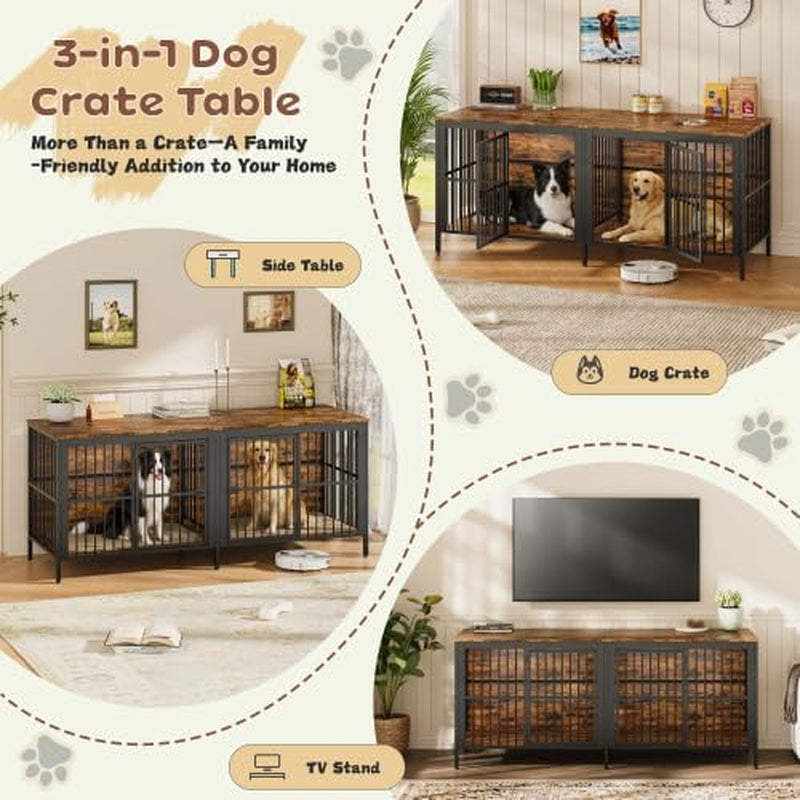 80" Dog Crate End Table, Heavy Duty 2-Door Indoor Pet Kennel, Multipurpose Dog House Furniture as TV Stand or Side Table for Living Room, Large & Medium Dogs.(Rustic Brown) (Rustic Brown)