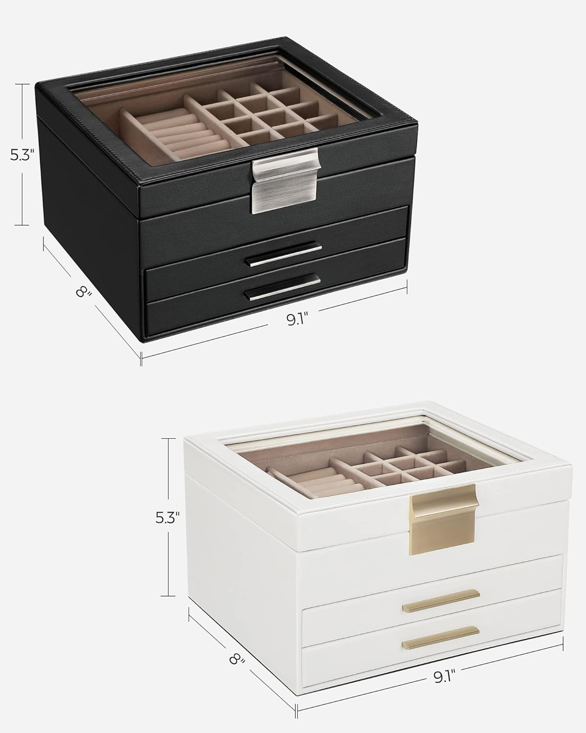 Jewelry Box Bundle, 2 Jewelry Organizers with Glass Lids, 2 Drawers Each, for Loved Ones, Black and White UJBC239BK and UJBC239WT