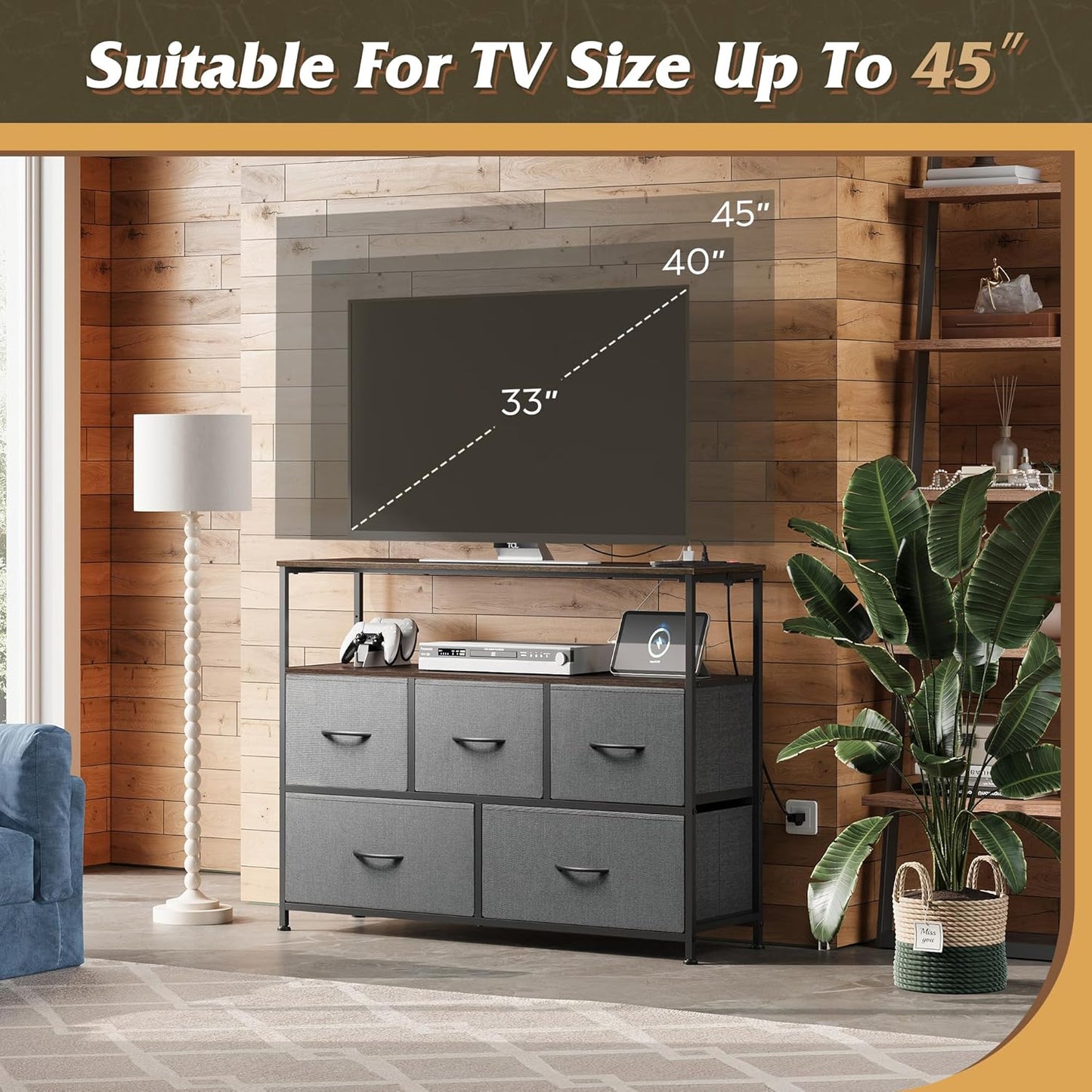 5 Drawer Dresser TV Stand for 45 Inch TV, Entertainment Center with Open Shelf and Power Outlet, Chest of Drawers for Bedroom, Living Room, Closet, Dark Grey