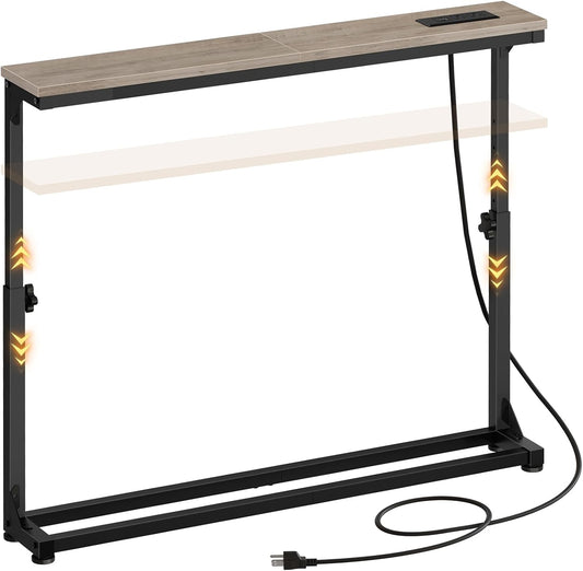 Narrow Console Table with Adjustable Height (25''-32.9''), behind Couch Table with Charging Station, 39.4" W X 5.9" D Skinny Sofa Entryway Table, for Living Room, Hallway, Greige BG95UXG01