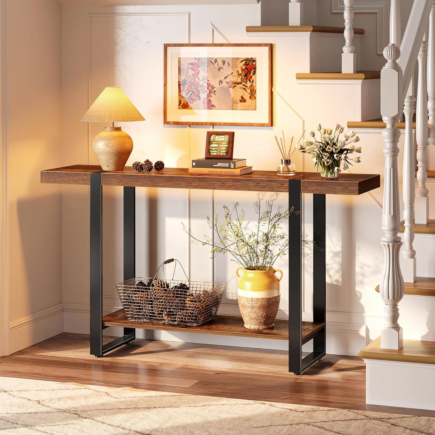 47.2 Inch Entryway Table, 2-Tier Industrial Console Sofa Table, Accent Table with Storage, for Entry, Hallway, Entrance, Foyer, T-Shaped Metal Frame, Rustic Brown