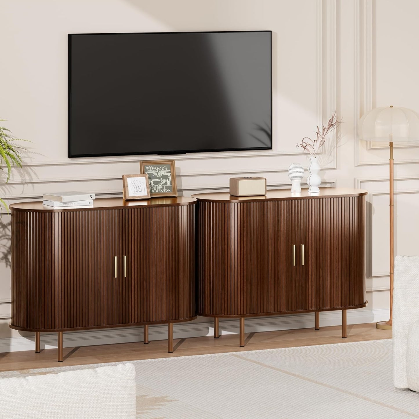Sideboard Buffet Cabinet with Storage,Mid Century Modern Fluted Accent Coffee Bar Console Table,Tambour Sliding Doors& Adjustable Shelf for Kitchen, Living Room, Entryway(Walnut, 40Inch)