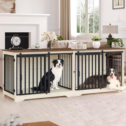 78" Dog Crate Furniture for 2 Dogs, Double Dog Cage with Divider, Wooden Heavy Duty Dogs Kennel, Pet Cage with Barn Door, TV Stand for Large Small Medium Dogs, White Brown DFC83714BV1