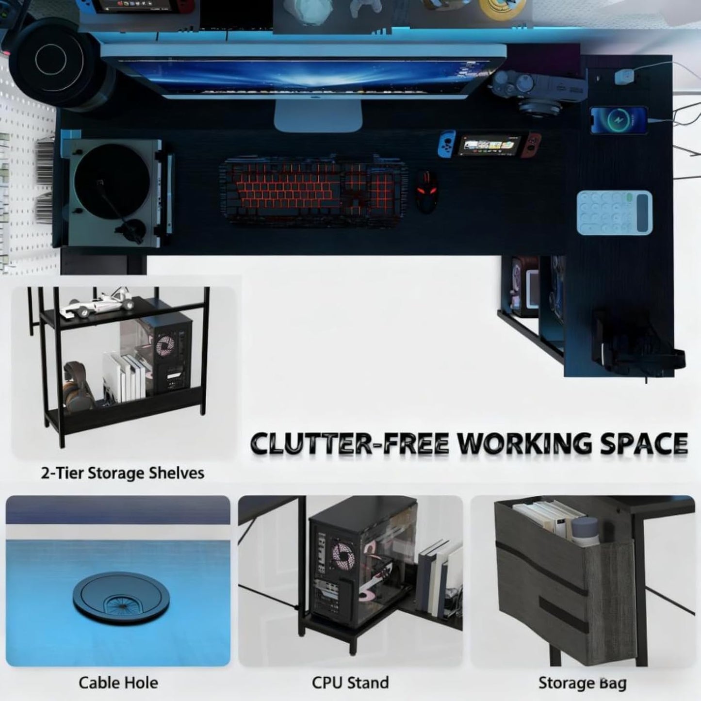 Reversible L Shaped Computer Desk with Built-In Charging Station and RGB LED Light, Home and Office Corner Desk with Ergonomic Monitor Stand