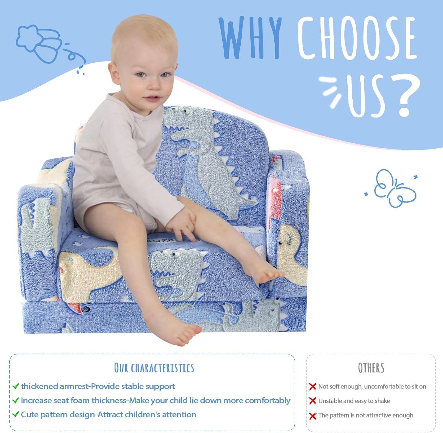 Thick Comfy Toddler Chair and Couch for Kids,2-In-1 Soft Plush Fold Out Sofa for Children,Convertible Couch to Lounger for Toddler