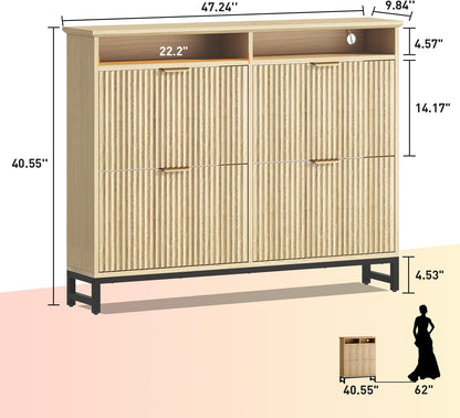 Fluted Shoe Storage Cabinet with 4 Flip Drawers, 47.24" Narrow Shoe Organizer Cabinet with LED Light, Slim Freestanding Shoe Rack Cabinet, Wooden Hidden Shoe Cabinet for Entryway, Hallway(Natural Oak)