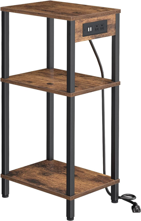 Side Table with Charging Station, Tall End Tables Living Room, 30 Inch Skinny Night Stand with Storage, Small Bedside Tables for Bedroom, Office, Dorm, Hallway, Rustic Brown