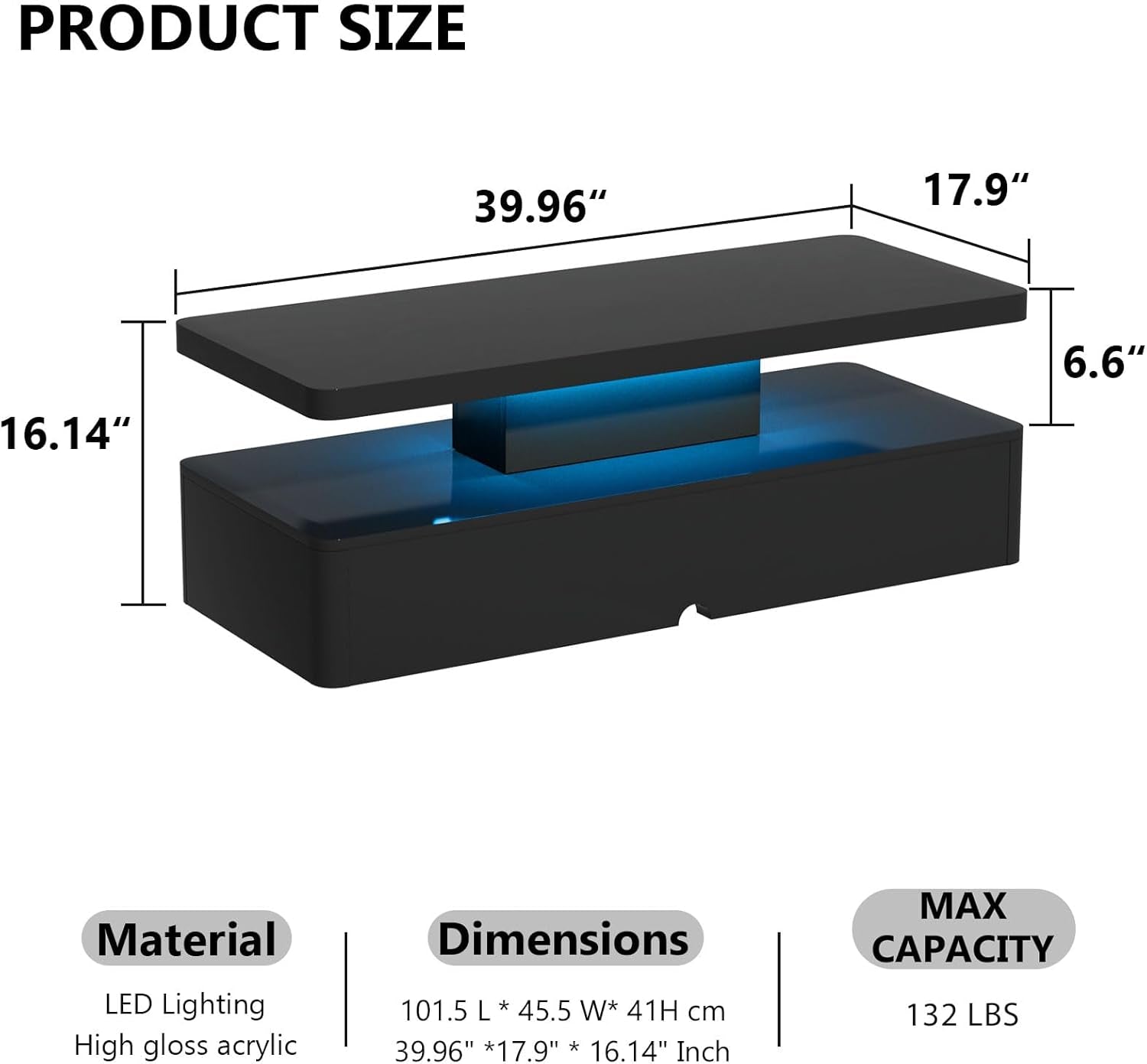 Modern LED Coffee Table, 40" Living Room Tables with 16 Colors LED Lights, Double-Layer Design, Stylish Coffee Tables for Living Room, Black