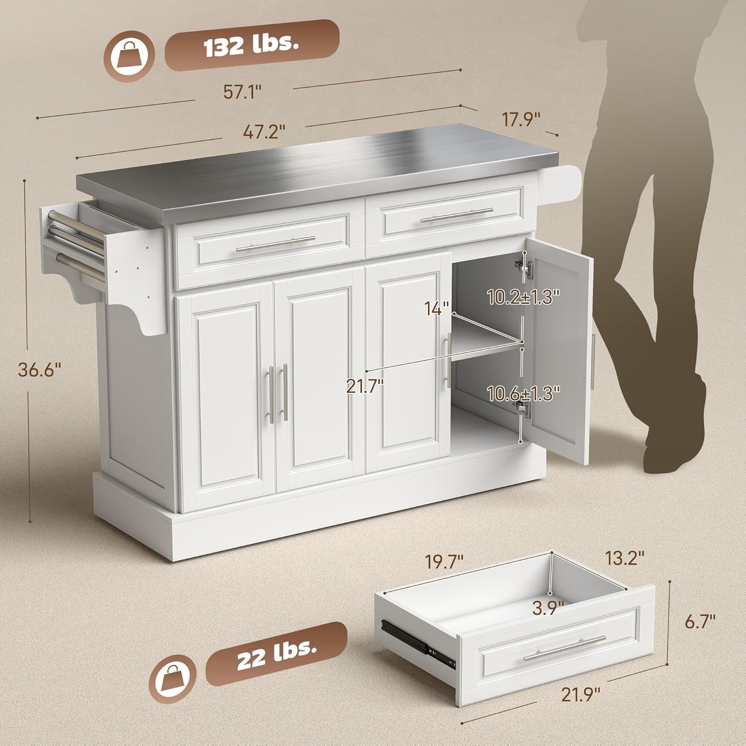 Rolling Kitchen Island Cart with 47" Stainless Steel Top, Portable Island Table for Kitchen with Wheels, Adjustable Shelves, 2 Drawers, Spice, Knife and Towel Rack, White