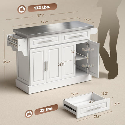 Rolling Kitchen Island Cart with 47" Stainless Steel Top, Portable Island Table for Kitchen with Wheels, Adjustable Shelves, 2 Drawers, Spice, Knife and Towel Rack, White
