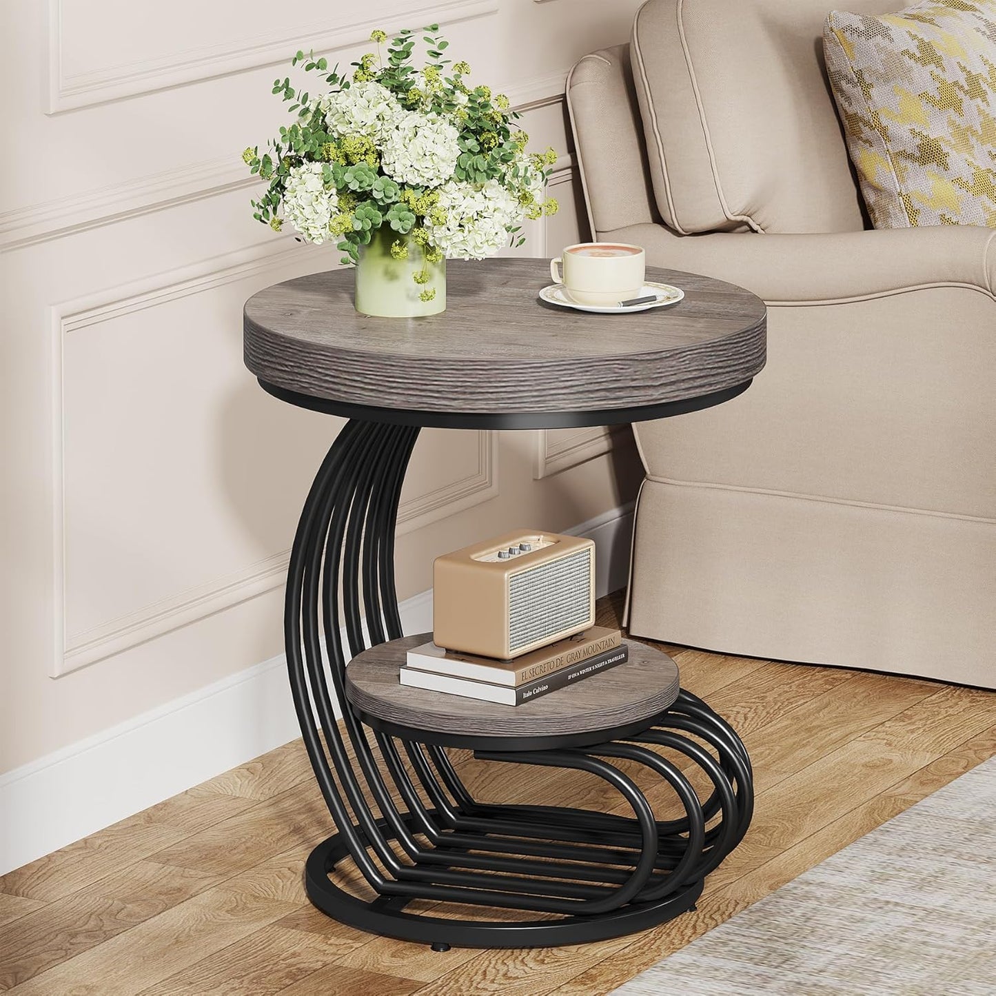 round End Table, 2-Tier Farmhose Wood Side Table with Shelf Storage, Small Sofa Side Bedside Nightstand, Arc-Shaped Frame Accent Furniture for Living Room, Grey