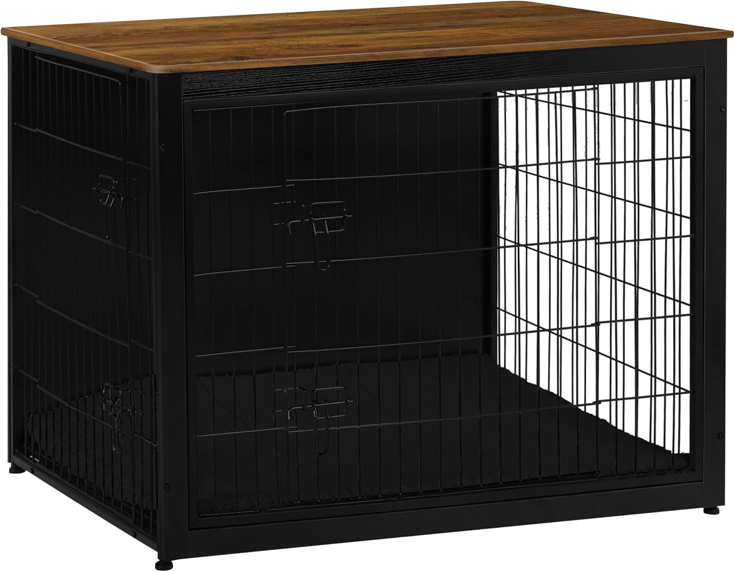 Dog Crate Furniture with Cushion, Wooden Kennel Table with Double Doors, Indoor Dog House, Extra Large Size, 43.3" L, Black+Warm Brown