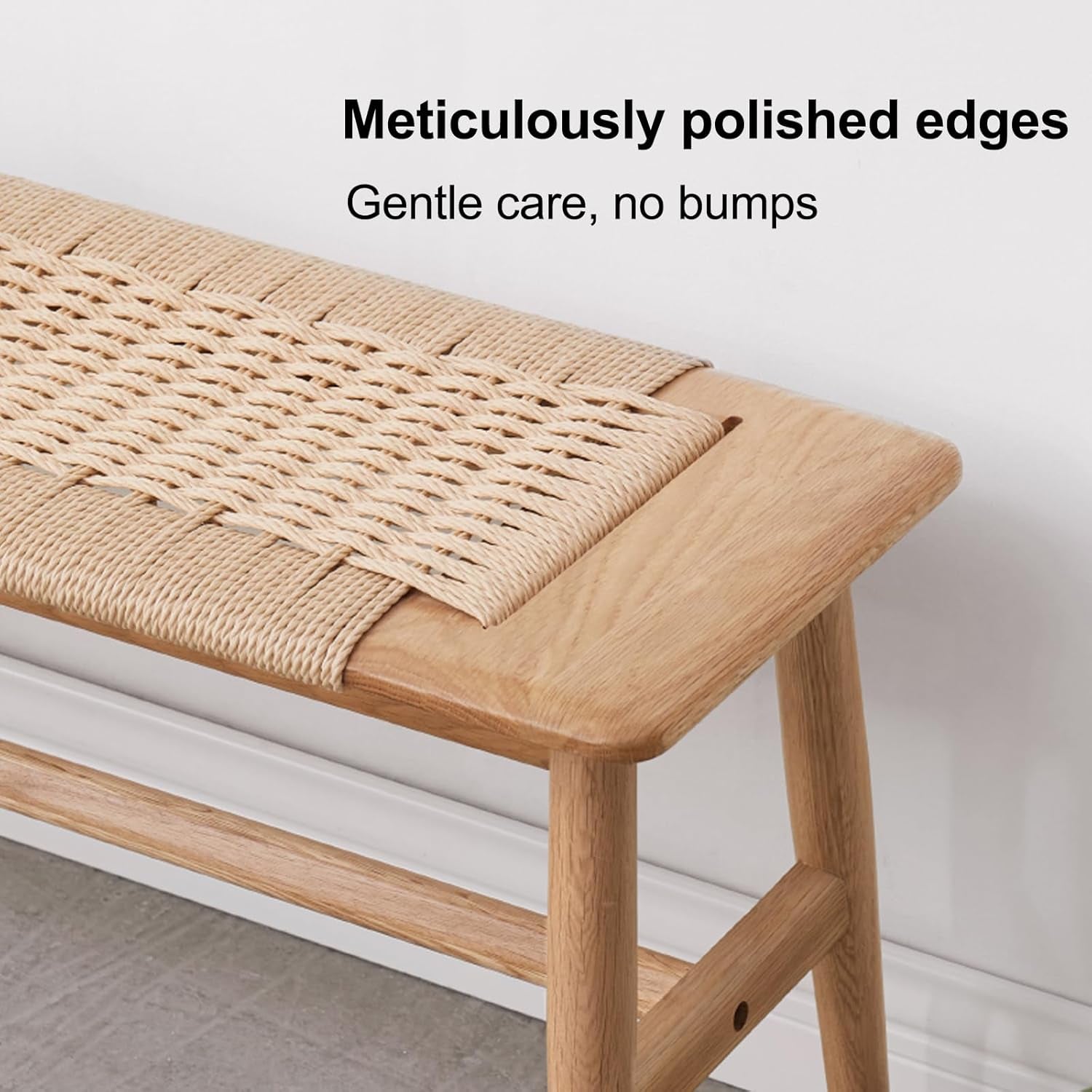 100% Solid Oak Farmhouse Entryway Bench, Wooden Bench Indoor with Hand Woven Rope Surface Design, Wood Bench for End of Bed with Solid Structure(Natural, 43.31" Wx11.81 Dx15.98 H)