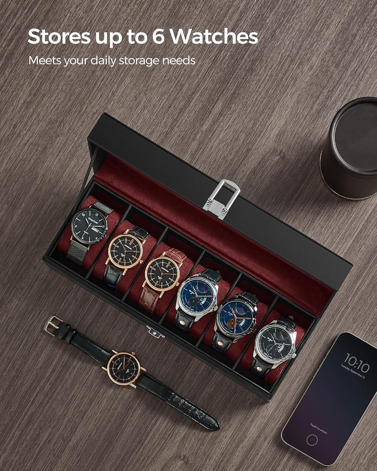 2 Items Bundle - Watch Boxes, 12-Slot Watch Box with Large Glass Lid and Removable Watch Pillows, 6-Slot Watch Case, Black Synthetic Leather UJWB12BK and UJWB006R01