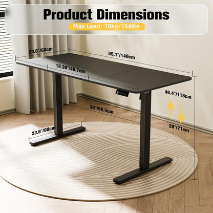 Electric Standing Desk, 55" X 23.6" Height Adjustable Sit Stand Desk with Splice Board for Home Office, Computer Table Memory Preset (Black Frame, Black Desktop)