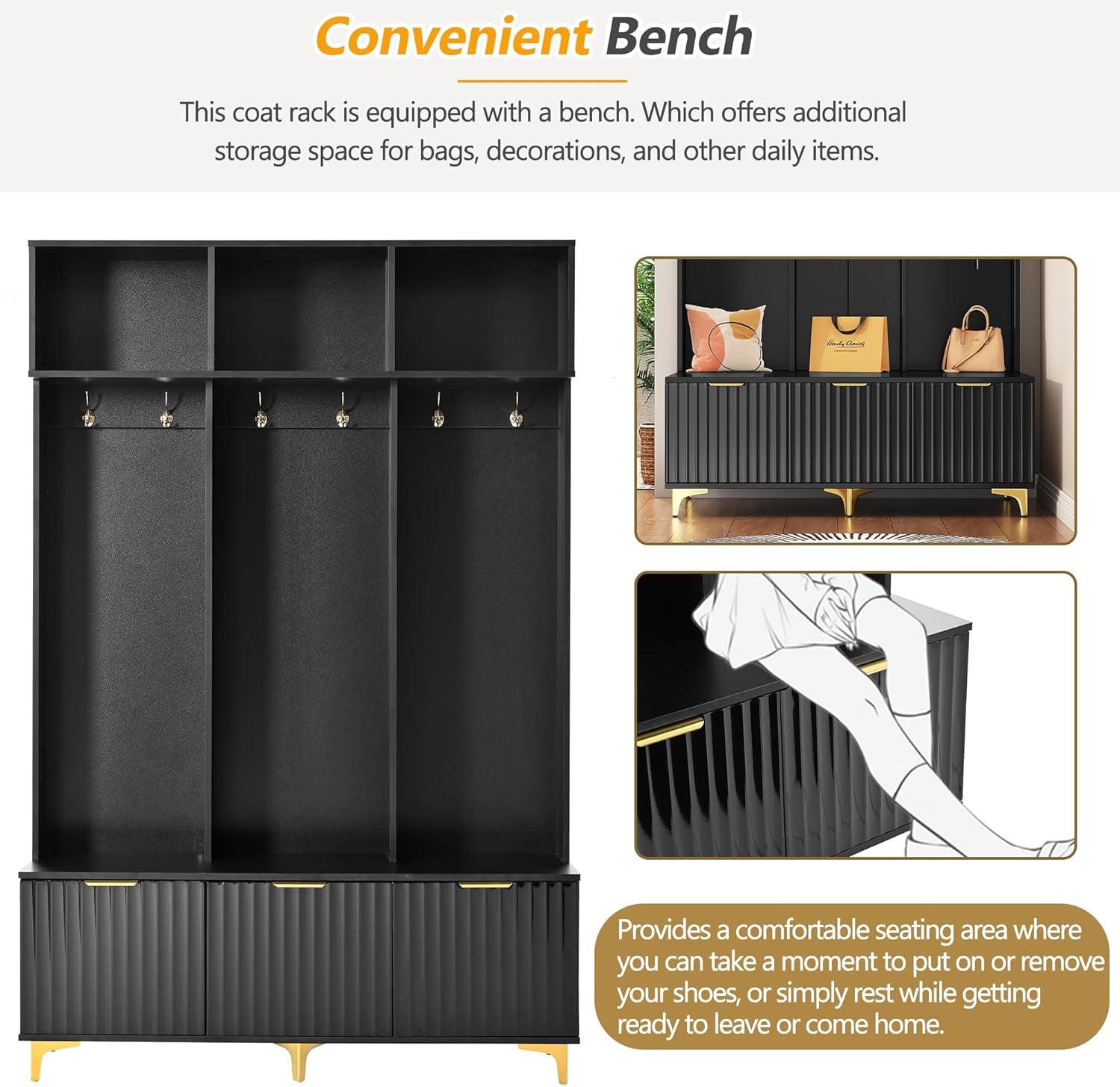 Modern Large Storage Hall Tree with Bench, Multi-Functional with High Gloss Fluted Doors, Coat Rack with 6 Gold Hooks for Entryway, Living Room, Black