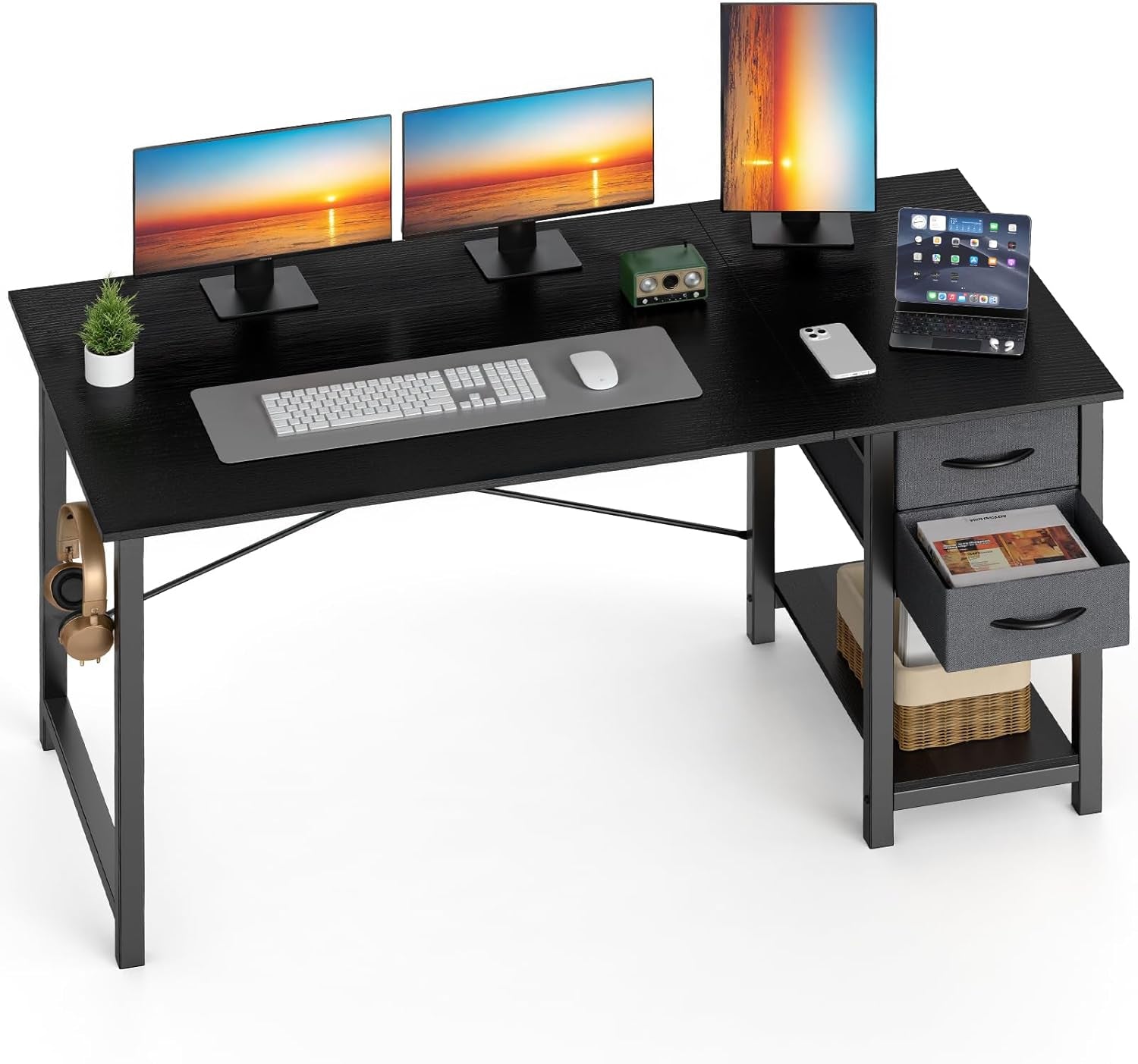 47 Inch Computer Desk with Drawers for Home Office, Writing Desk with X-Shaped Reinforcement, Wood Table with Adjustable Position Drawers, Modern Study Work Table with Side Hook, Black