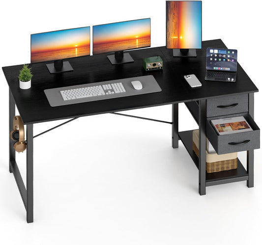 47 Inch Computer Desk with Drawers for Home Office, Writing Desk with X-Shaped Reinforcement, Wood Table with Adjustable Position Drawers, Modern Study Work Table with Side Hook, Black