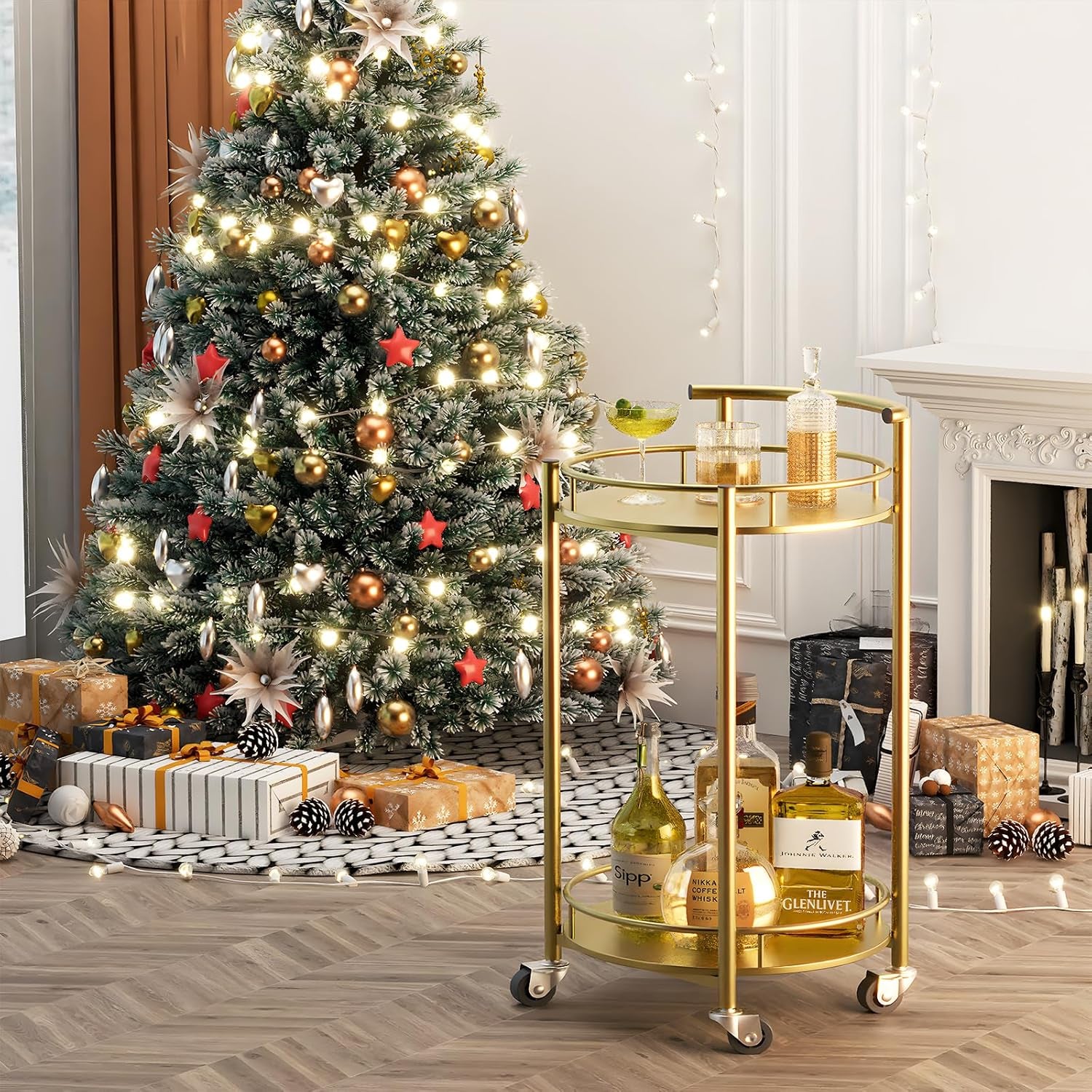 Bar Cart Gold Rolling Cart for Home,2 Tiers Bar Serving Cart round Wine Cart with Handle, Metal Wine Rack and Casters, Serving Bar Trolley for Home Kitchen,Living Room,Christmas,New Year