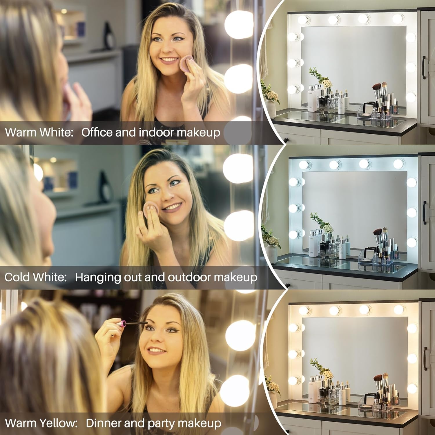 Farmhouse Vanity Makeup Desk with Charging Station, 43" W Vanity Desk with Lights Mirror and Drawers for Makeup, Big Modern Makeup Table Set with Stool for Bedroom, off White