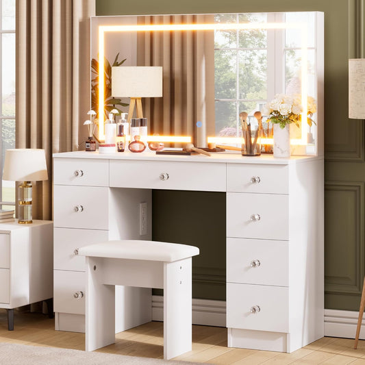 Vanity with Mirror and Lights - Vanity Desk with Power Outlet and 9 Drawers, 3 Color Lighting Modes, Adjustable Brightness, Makeup Vanity with Soft Cushioned Stool for Bedroom, White 43“L