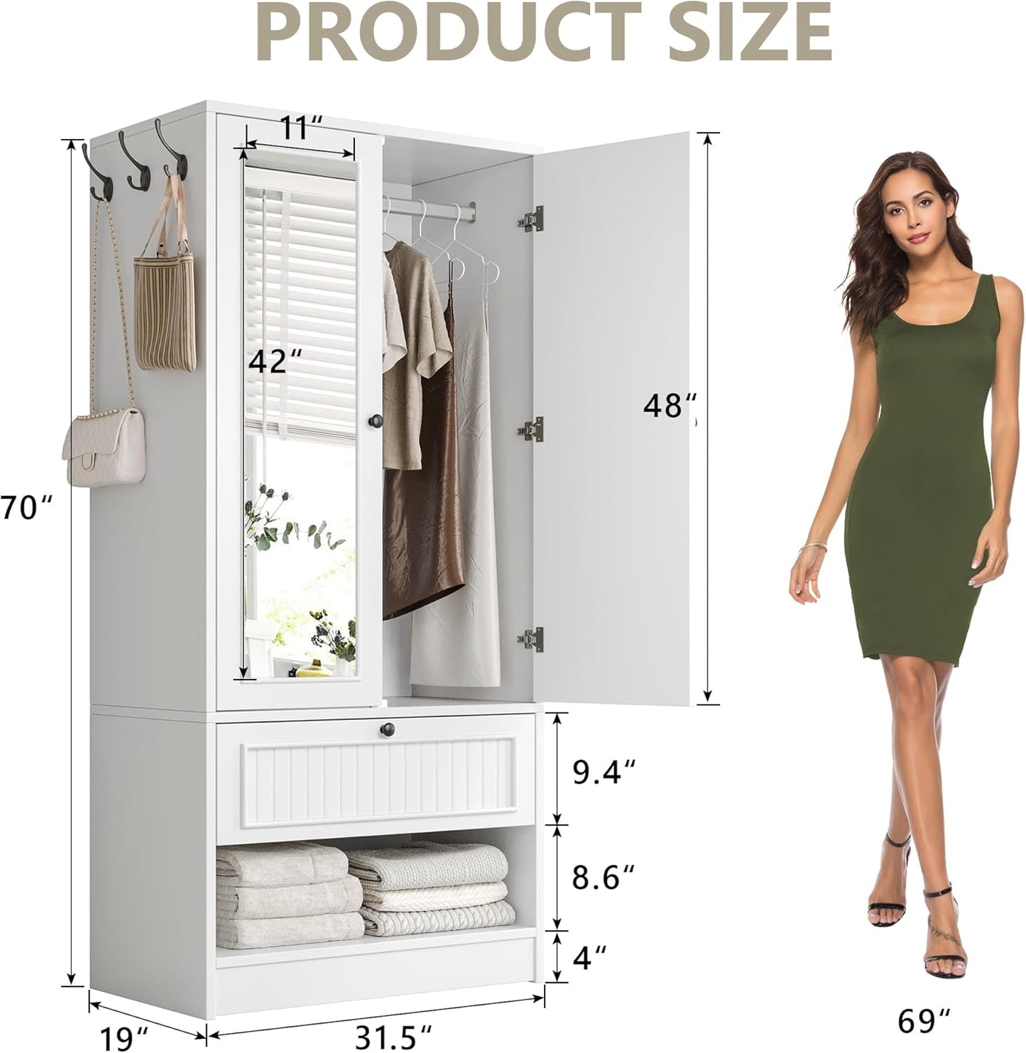 70" Armoire Wardrobe Closet with Doors & Mirror,Wooden Wardrobe with Drawers and 3 Side Hooks,Large Freestanding Bedroom Storage Wardrobe Cabinet,White