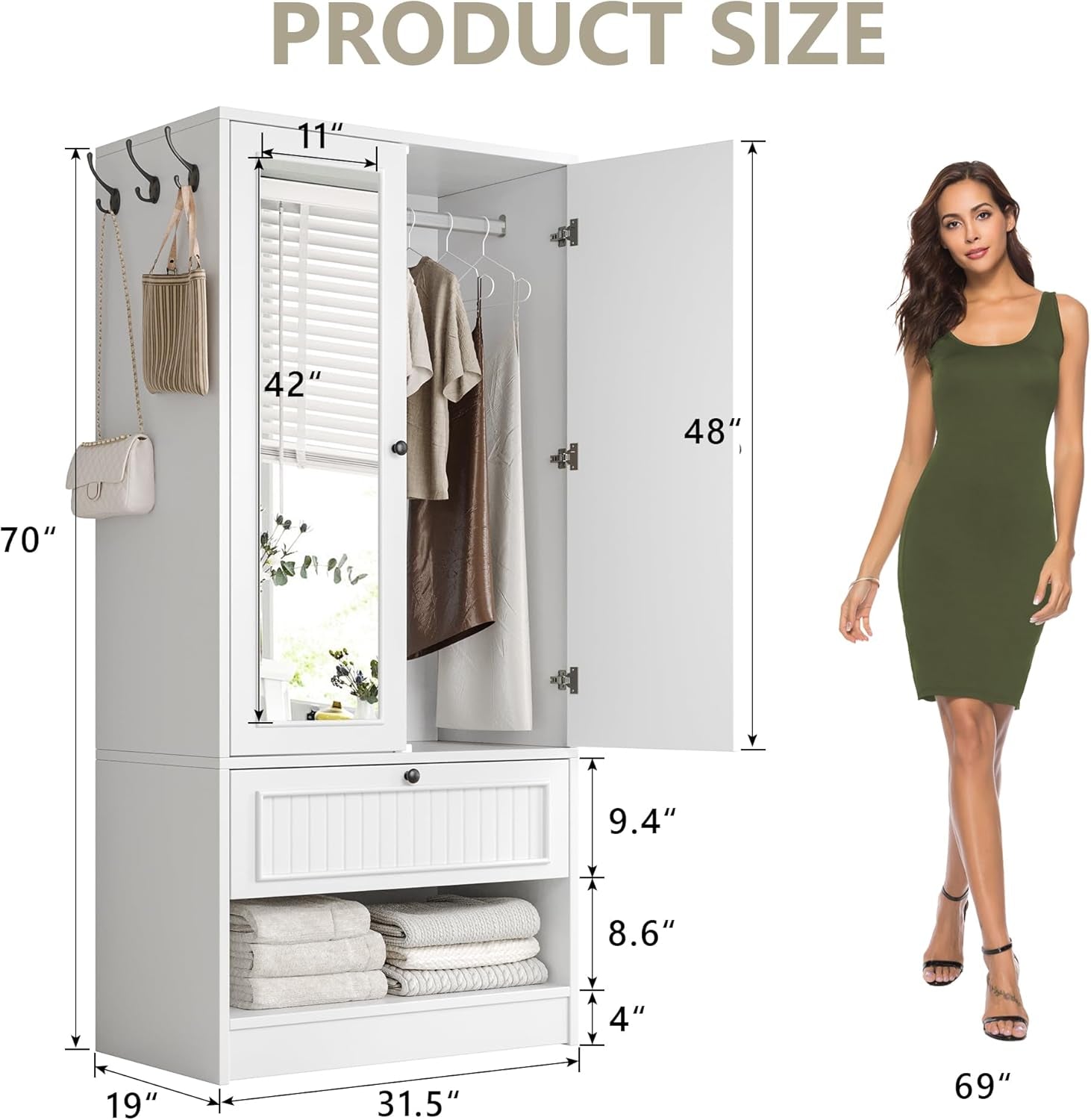 70" Armoire Wardrobe Closet with Doors & Mirror,Wooden Wardrobe with Drawers and 3 Side Hooks,Large Freestanding Bedroom Storage Wardrobe Cabinet,White