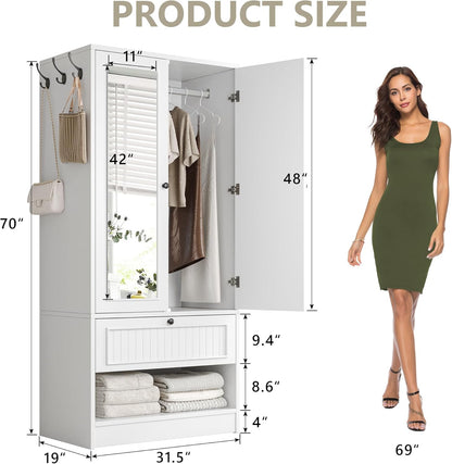 70" Armoire Wardrobe Closet with Doors & Mirror,Wooden Wardrobe with Drawers and 3 Side Hooks,Large Freestanding Bedroom Storage Wardrobe Cabinet,White