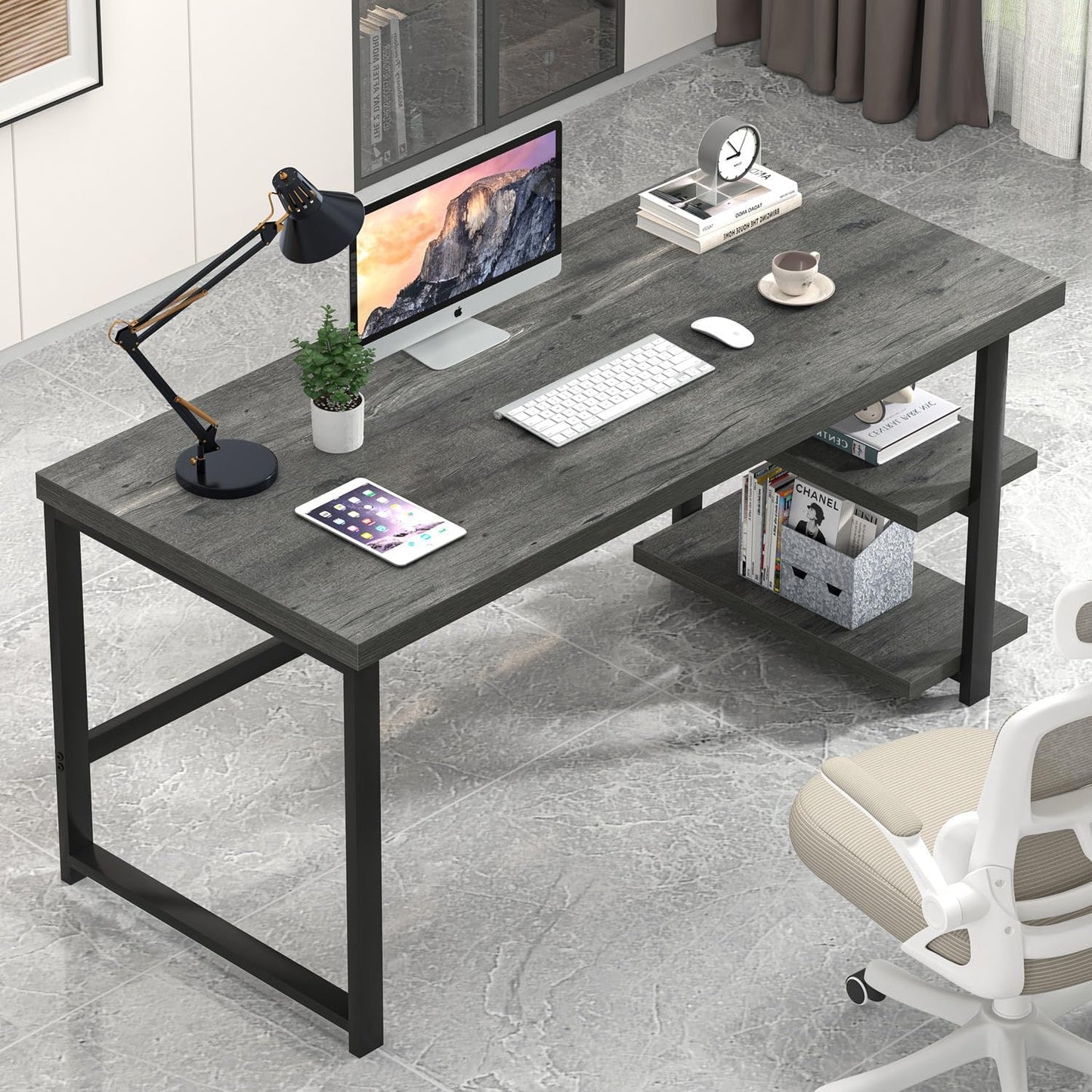 Industrial Computer Desk, Home Office Desk with Storage Shelves, Wood Study Writing Table for Bedroom, Living Room, Grey, 53 Inch