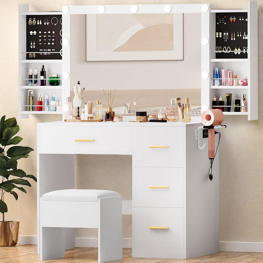 Makeup Vanity Table with Lighted Mirror, Cushioned Stool, 4 Storage Drawers & Hidden Jewelry Organizer, 3-Mode LED Lighting
