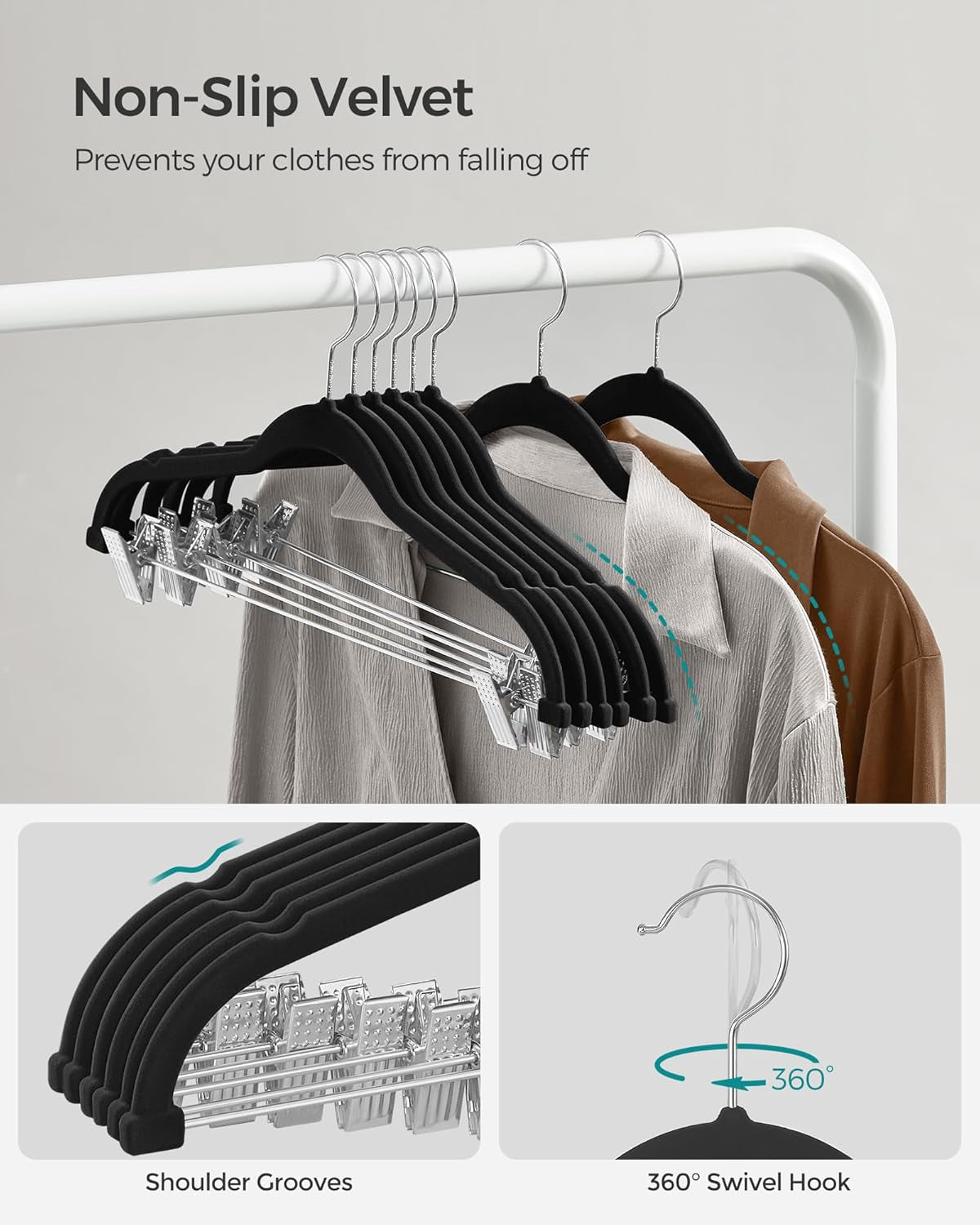 30-Pack Pants Hangers, 16.7-Inch Long Velvet Hanger with Adjustable Clips, Heavy-Duty, Non-Slip Skirt Hangers, Space-Saving for Pants, Skirts, Coats, Dresses, Black UCRF12B30