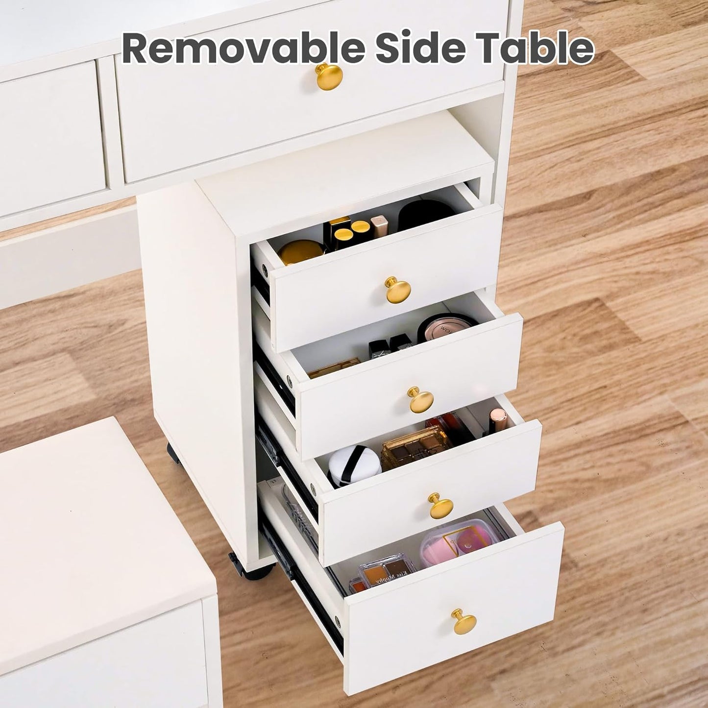 Vanity Desk with File Cabinet, 8 Drawers Makeup Vanity with Mirror and Lights,3 Lighting Modes Dressing Table with Chair, Power Outlet, Silent Slides, White