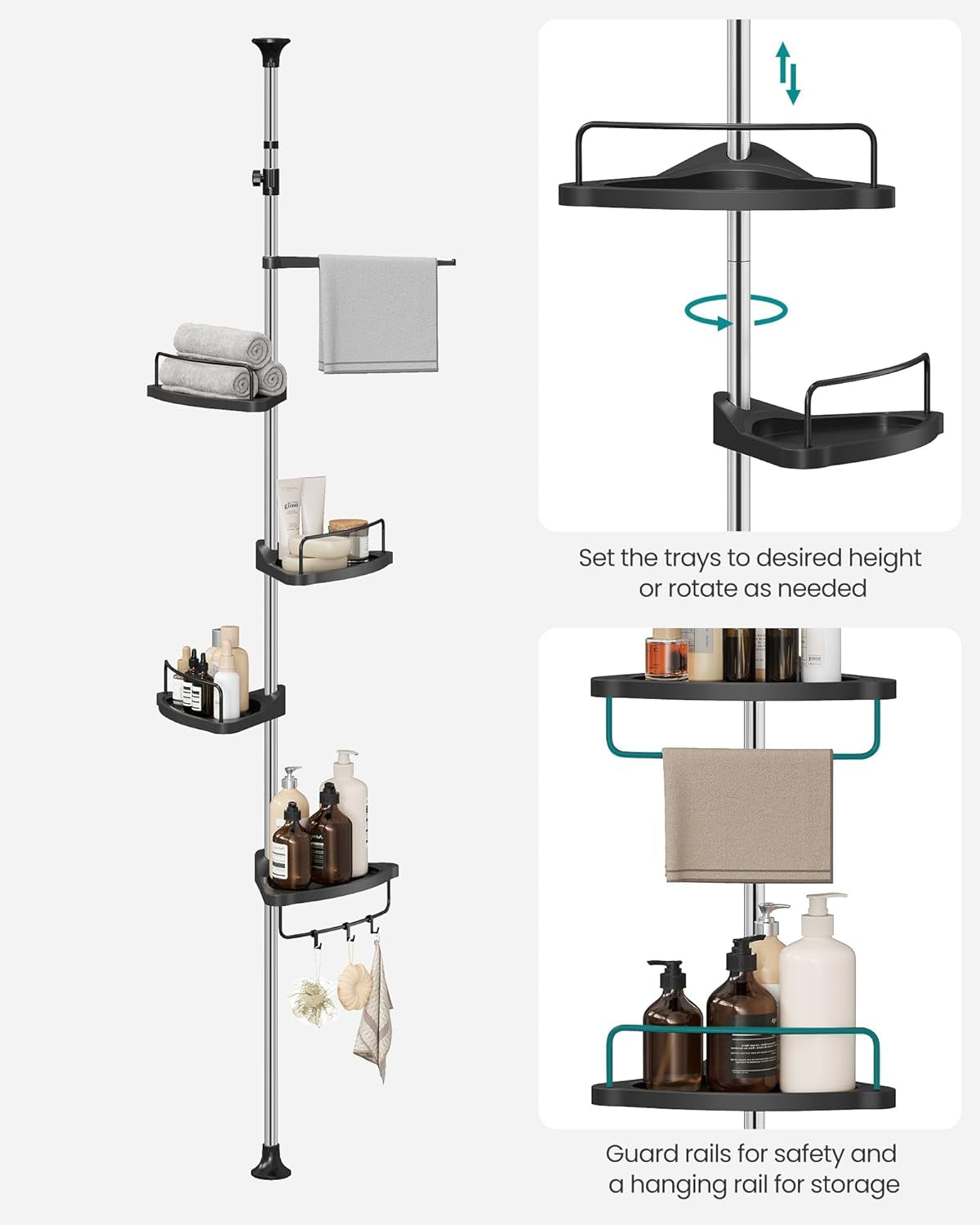 Corner Shower Caddy Tension Pole, 4-Tier Rust-Resistant Shower Organizer, Shower Shelf, Drill-Free, 35.8 to 118.1 Inches, Height Adjustable Trays, for Bathroom, Ink Black UBCB008B01