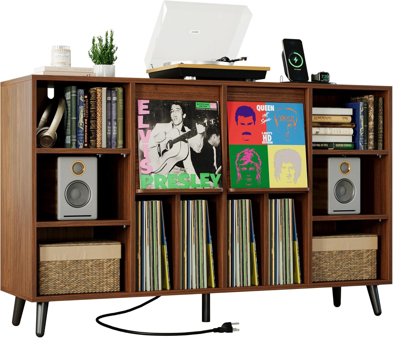 Large Record Player Stand 55", Holds 600+ Vinyl Record Storage Cabinet with Charging Station, Mid Century Modern Turntable Stand for Living Room, Bedroom, Brown