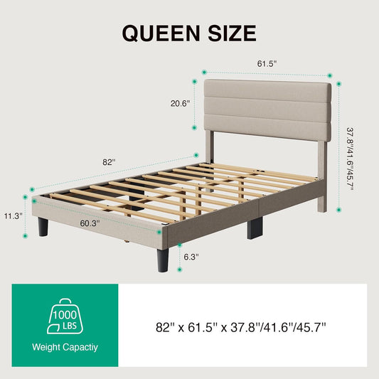 Full Size Bed Frame with Headboard, Full Bed Frame with Wooden Slats Support, Linen Upholstered Stripe Headboard, No Box Spring Needed, Heavy Duty Feet, Easy Assembly, Beige