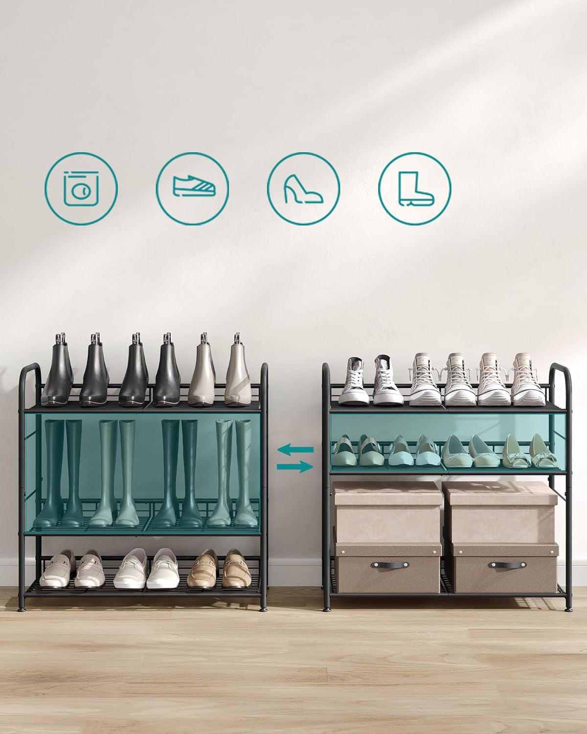 4 Tier Shoe Rack, Stackable Storage Rack, up to 16 Pairs, Metal, 68.5 X 27.5 X 65 Cm, for High Heels, Sneakers, Slippers, in Entrance, Black LMR067B01