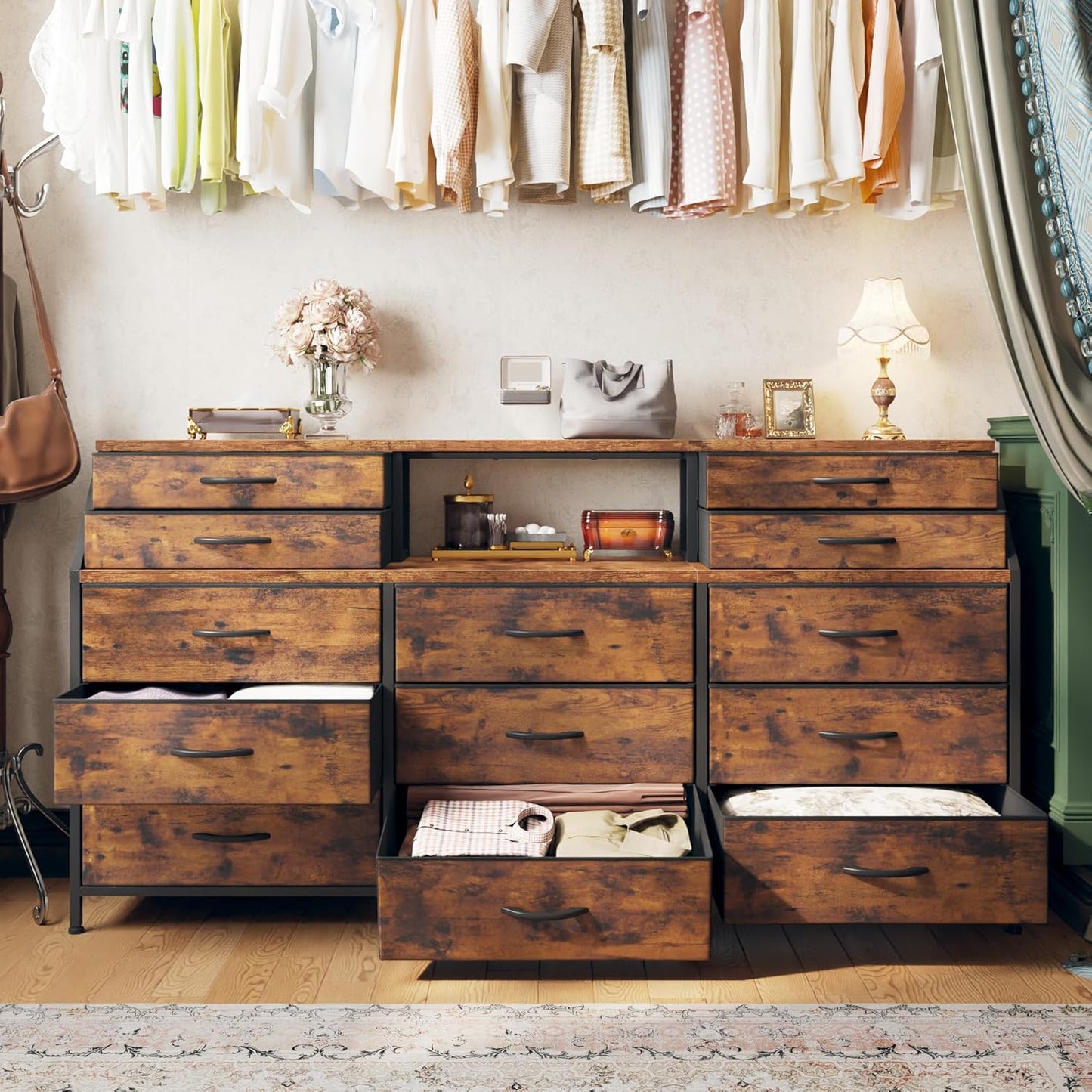 55" W Dresser for Bedroom with Deep Fabric Drawers, Long Chests of Drawers with 2 Open Wooden Shelves, Large Vanity Dressers for Dorm, Entryway, Rustic Brown, 55.1" W X 35.4" H X 11.4" D