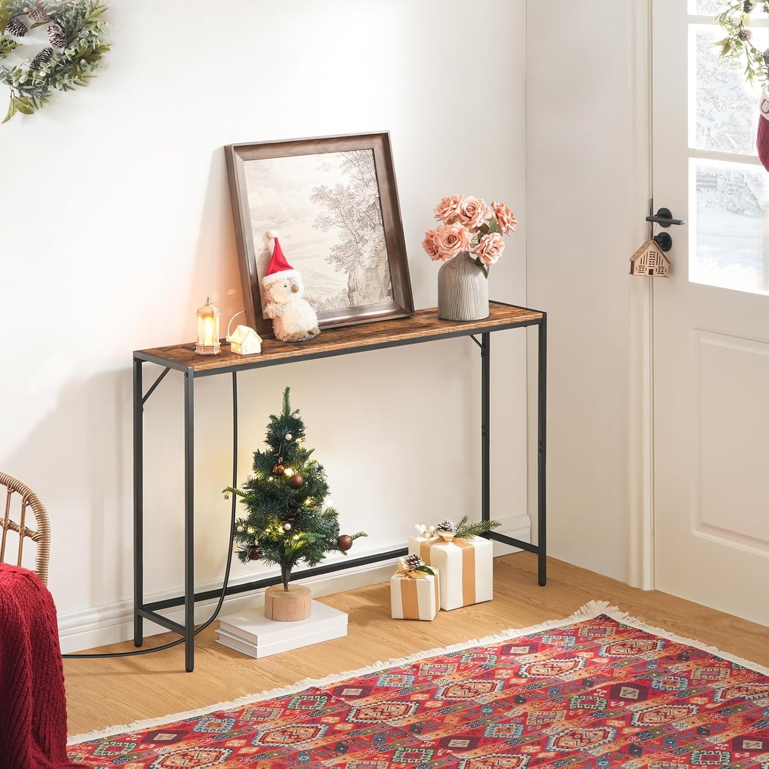 Console Table, Narrow Sofa Table, 43.3” Entrance Table with Power Station, behind Couch Table, Simple Style, for Living Room, Hallway, Entryway, Foyer, Rustic Brown and Black CTHR112E01