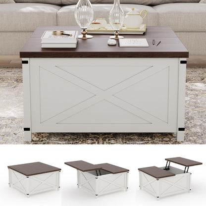 Hydraulic Lift Top Coffee Table with Hidden Storage, Farmhouse Industrial Style Accent Table, Sturdy Wood & Metal Construction, Safe Lift Mechanism, for Living Room Office