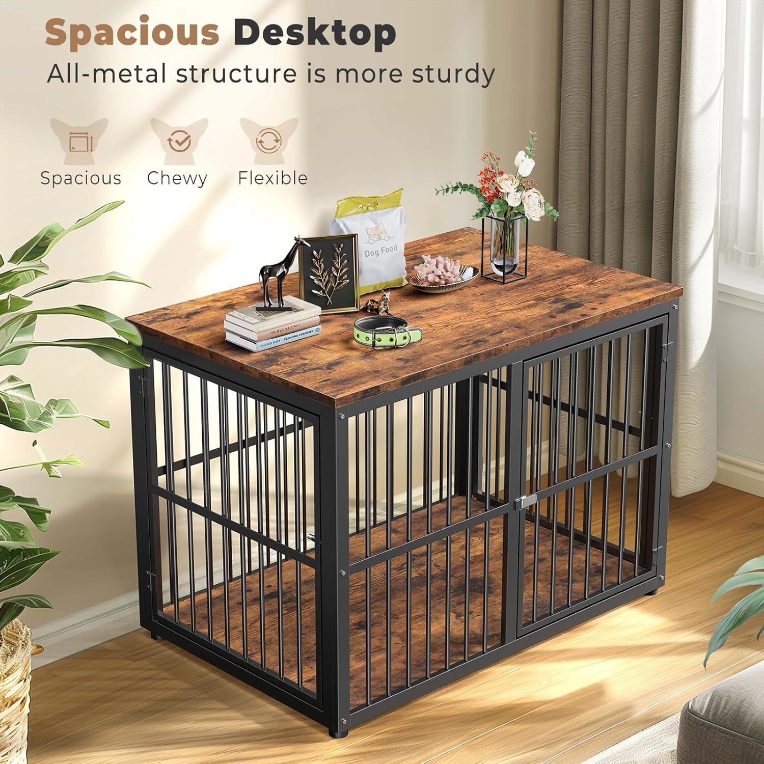 43'' Dog Crate Furniture with 3 Doors, XL Wooden Crate End Table, Heavy Duty Indoor Puppy Cage Kennel for Medium to Large Dogs, Multiple Units Can Be Combined