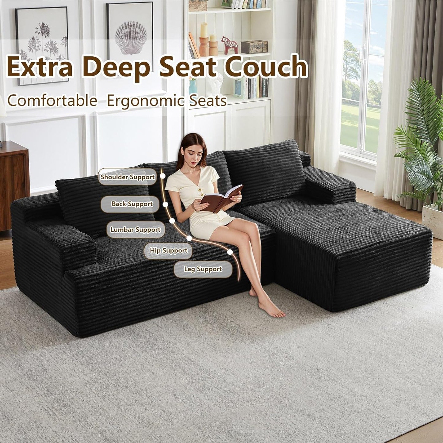 96" Modular Sectional Sofa Couches L-Shape Couch 3 Seat Modular Sofa Corduroy Memory Foam Sectional Boneless Couches for Living Room, Cloud Couch with Oversized Chaise(Black, Right Facing)