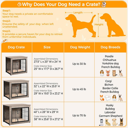 32'' Dog Crate Furniture with Cushion Wooden Dog Crate with Double Doors/Adjustable Feet Side End Table for Small/Medium Dogs